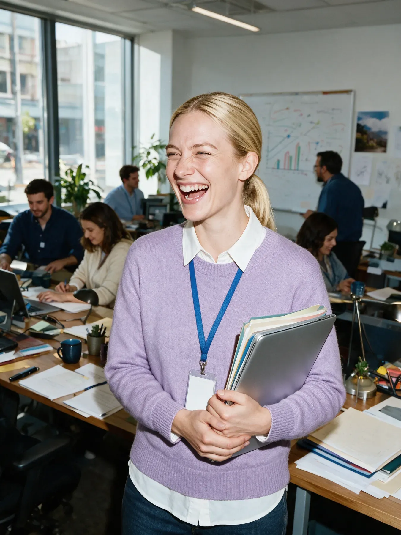 Une salariée blonde en pull lavande rit dans son open space, son ordinateur et ses dossiers contre elle.